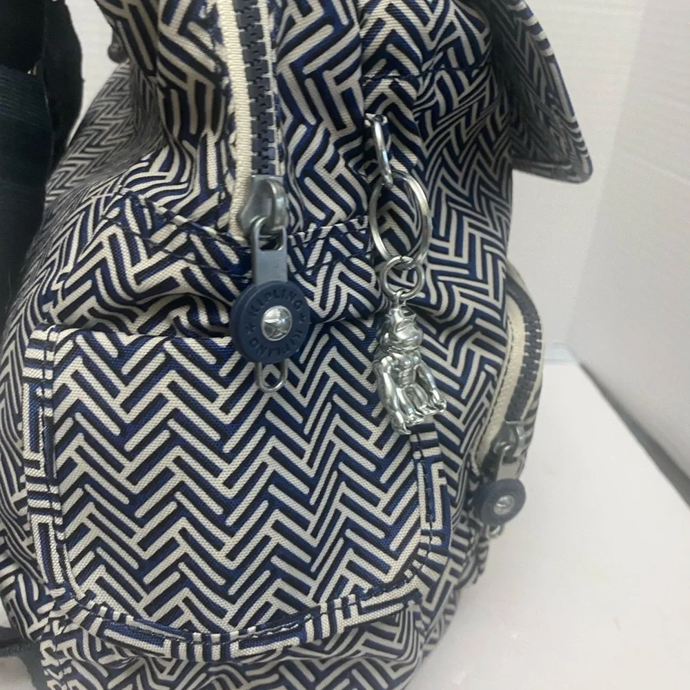 Kipling City Navy and White Chevron Patterned Backpack Water Resistant